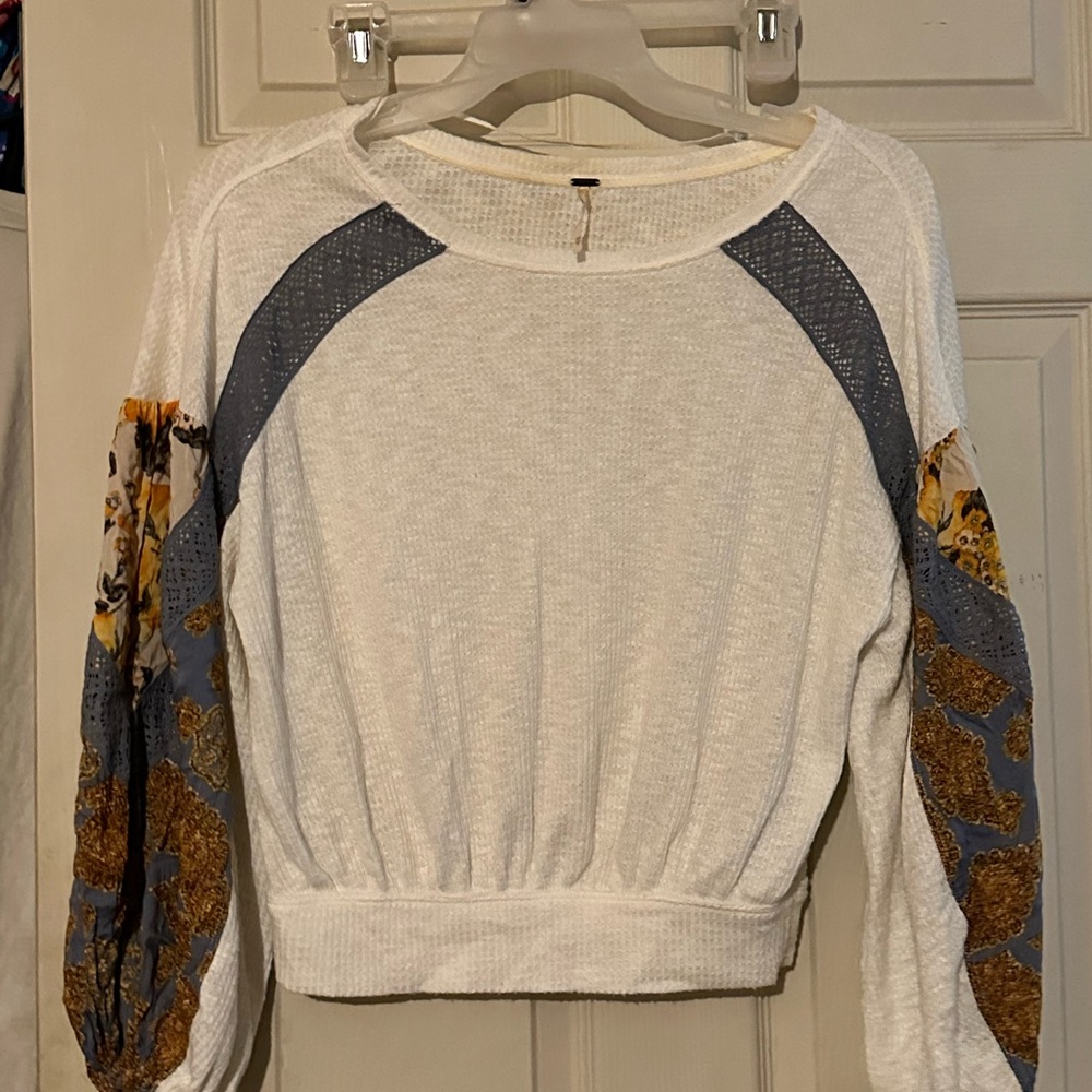 Free People White and Gray Crop Top with Gold Accents